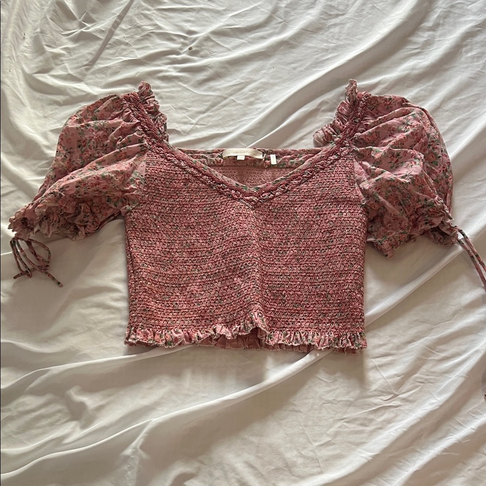 Loveshackfancy Smocked Pink Puff Sleeve Crop Top